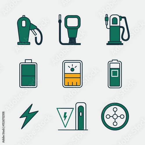 vector icons to vehicle fueling and charging a gasoline pump, an electric vehicle plug hydrogen mole