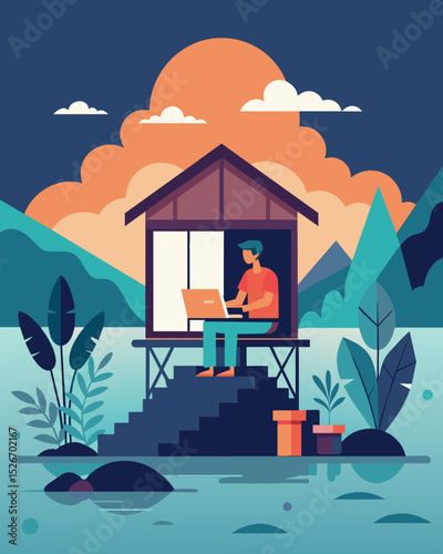 Disconnect from the chaos of everyday life and plug into remote work in this secluded fishing cabin nestled in a quiet corner of paradise offering a peaceful retreat for work and. Vector illustration