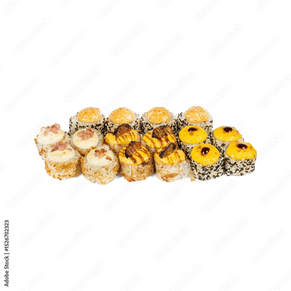 An assortment of various sushi rolls displayed on a white background An assortment of various sushi rolls displayed on a white background