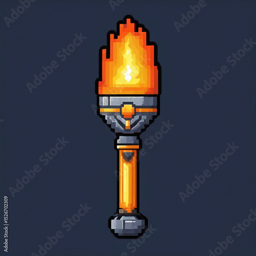 8-Bit Pixel Torch Icon, Ancient Greek Fire Symbol in Retro Style
