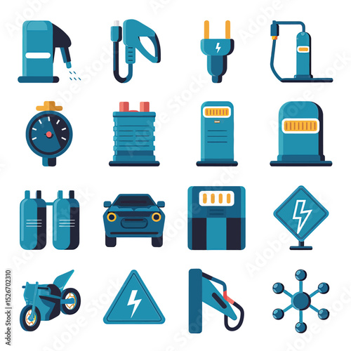 vector icons to vehicle fueling and charging a gasoline pump, an electric vehicle plug hydrogen mole