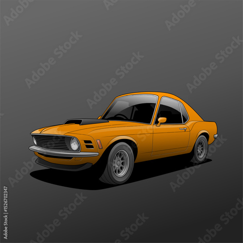 Vector illustration of a vintage orange muscle car with detailed design, isolated on a dark background, ideal for automotive-themed projects and collectors