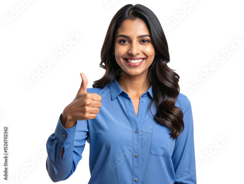  Elegant Indian Female with Blue Shirt Making Approval Gesture, Transparent.