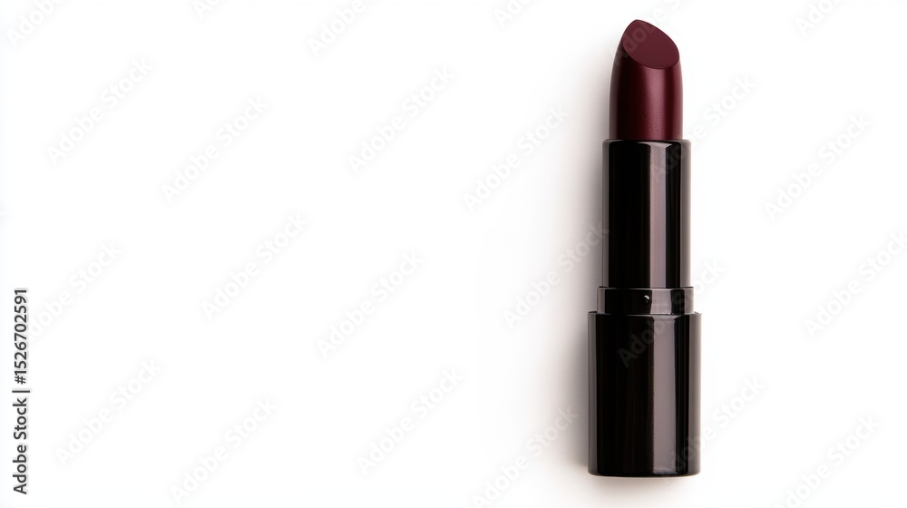 Obraz premium A close-up of a dark burgundy lipstick, elegantly positioned on a white background, suitable for beauty marketing, blogs, or product reviews highlighting makeup essentials,