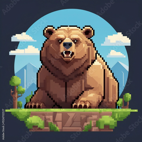 Pixel Art Grizzly Bear on Cliff, Retro Game Style
