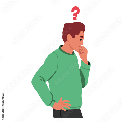 Side view thoughtful frustrated young guy cartoon character making choice deciding and planning
