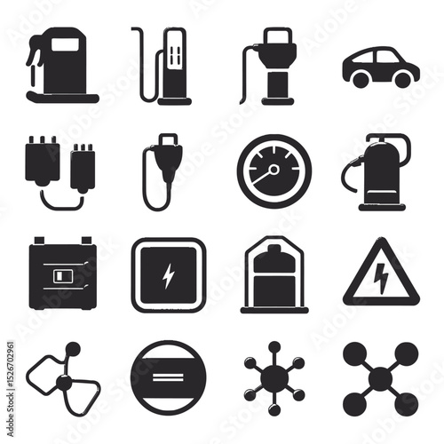 vector icons to vehicle fueling and charging a gasoline pump, an electric vehicle plug hydrogen mole