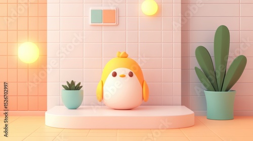 A cheerful cartoon bird with a yellow cap sits on a minimalist display in a pastel-colored room, surrounded by plants and soft lighting, perfect for use in children's decor, product ads