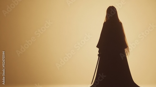 A silhouetted figure in traditional attire holds a sword against a warm, glowing background, This image conveys themes of strength, mystery, and tradition