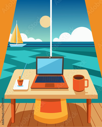 Sunkissed skin salty hair and a laptop screen a digital nomads office on the deck of a sailboat.. Vector illustration