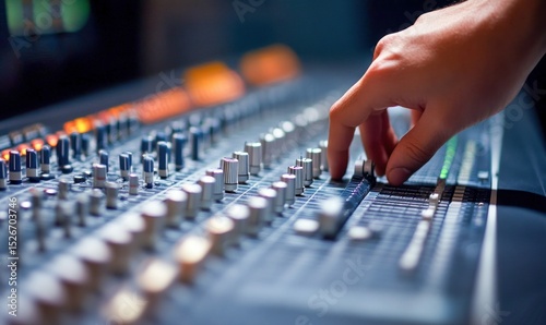 Close-up shot of a hand adjusting the controls on a professional audio mixing console in a recording studio setting.