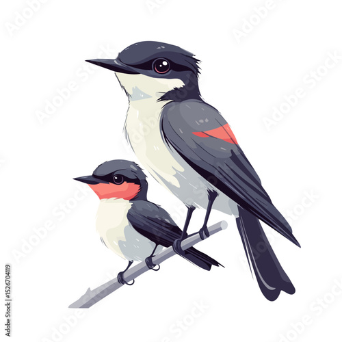 A Mother Kingbird With Her Kid vector 2D flat illustration, isolated on a white background.