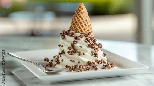 A delicious ice cream cone topped with a swirl of soft-serve and chocolate crunchy bits, presented elegantly on a plate, Ideal for food blogs, dessert menus