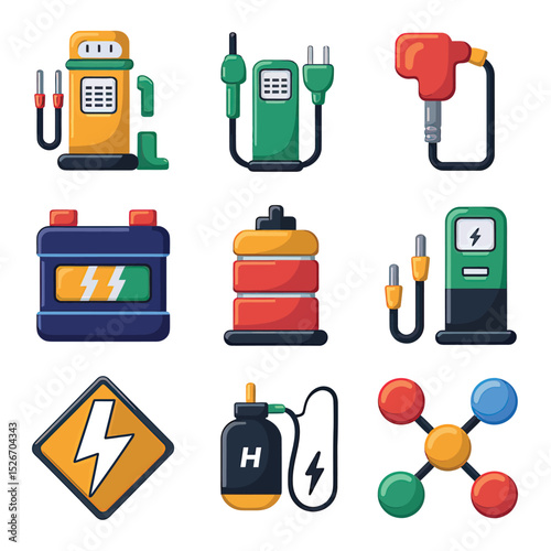 vector icons to vehicle fueling and charging a gasoline pump, an electric vehicle plug hydrogen mole