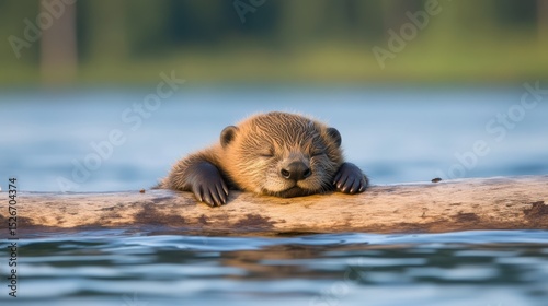 A cute otter rests peacefully on a log in calm water, capturing a serene and playful moment in nature, This image is ideal for nature blogs, wildlife conservation campaigns, or educational materials,