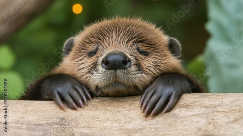A close-up of a resting otter with its eyes closed, resting its chin on a log, This adorable image can be used for content related to wildlife, animal conservation, or emotional well-being, photo