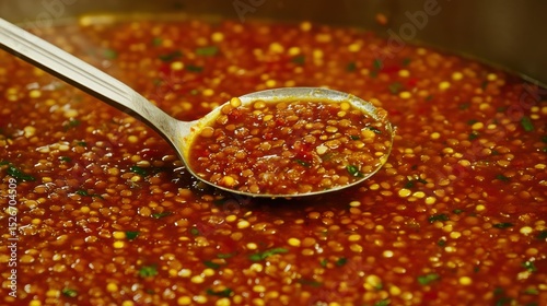 A close-up shot of a ladle scooping a rich, textured sauce filled with seeds and herbs, This image is perfect for culinary blogs, recipe books, or food-related advertisements,