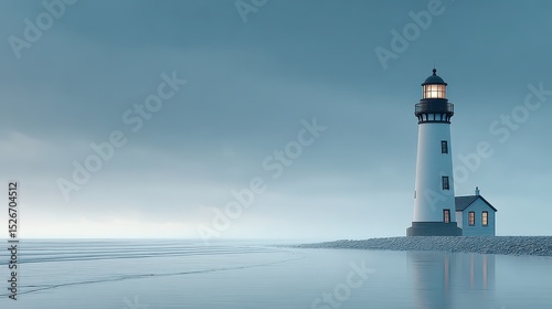 Solitary Lighthouse Silhouette in Fog Over Calm Ocean Waters