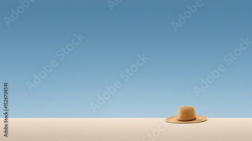 Lone Straw Hat Resting on Soft Sand Dune Under Clear Blue Sky