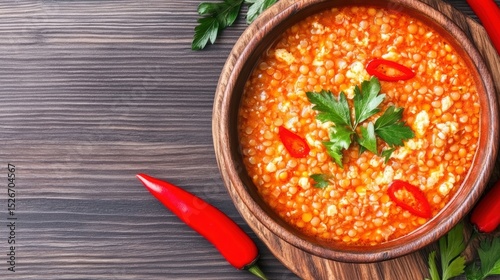 A vibrant bowl of lentil soup garnished with parsley and red chili slices sits on a rustic wooden surface, perfect for food blogs, recipe books, or restaurant menus showcasing wholesome meals,