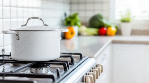 A white cooking pot sits on a gas stove in a bright, modern kitchen, surrounded by fresh vegetables, This image is ideal for culinary blogs, recipes, or kitchenware advertising,