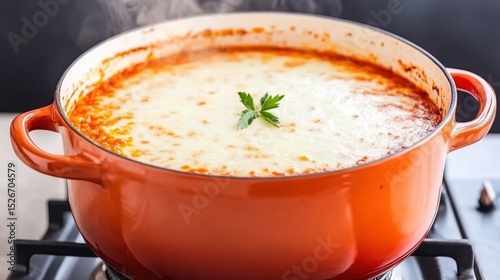 A steaming pot of delicious cheese-topped sauce sits on a stove, garnished with fresh herbs, Ideal for culinary blogs, recipe books, cooking websites, and food-related advertisements,