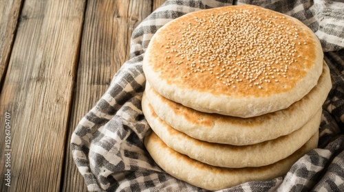 Freshly baked flatbreads stacked on a checkered cloth, showcasing a golden-brown appearance with sesame seeds sprinkled on top, Ideal for culinary blogs, menus, or food-related projects,