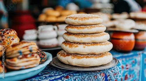 A vibrant display of freshly baked bread, showcasing golden-brown rounds topped with sesame seeds, Ideal for food blogs, restaurant menus, or culinary-themed projects highlighting traditional baking,