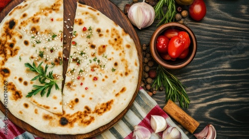 A freshly cooked flatbread garnished with herbs and spices, served on a wooden board alongside fresh vegetables and garlic, Ideal for food blogs, recipes, and culinary presentations,