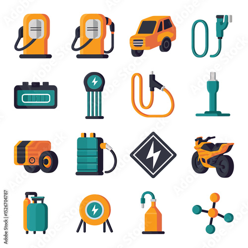 vector icons to vehicle fueling and charging a gasoline pump, an electric vehicle plug hydrogen mole