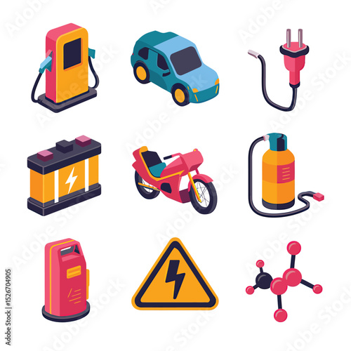 vector icons to vehicle fueling and charging a gasoline pump, an electric vehicle plug hydrogen mole