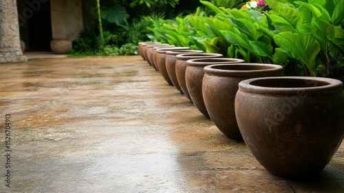 A row of rustic clay pots sits on a polished stone path, framed by lush tropical foliage, This serene image is ideal for garden design, landscaping, or home decor themes,
