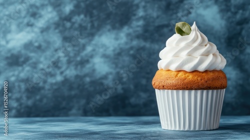 A beautifully frosted cupcake sits against a textured blue background, making it ideal for dessert blogs, bakery promotions, or food photography, The inviting design attracts attention and cravings,