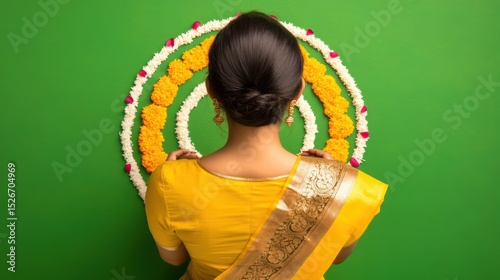 A woman in a vibrant yellow saree stands with her back to the camera, admiring a floral rangoli design on a bright green background