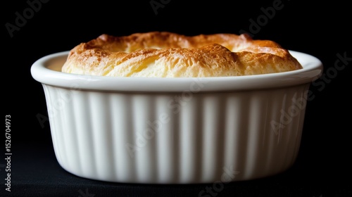 A freshly baked soufflÃ© rises elegantly in a white ramekin, showcasing its golden, fluffy top against a dark background, This image is ideal for culinary blogs, cookbooks, or restaurant menus,