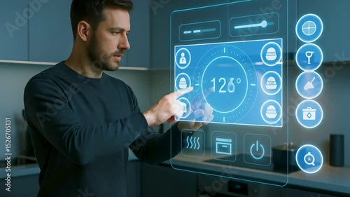 Man adjusts holographic smart kitchen panel, smart kitchen screen shows cooking stats, smart kitchen system powers eco cooking. Concept connected home tech.
