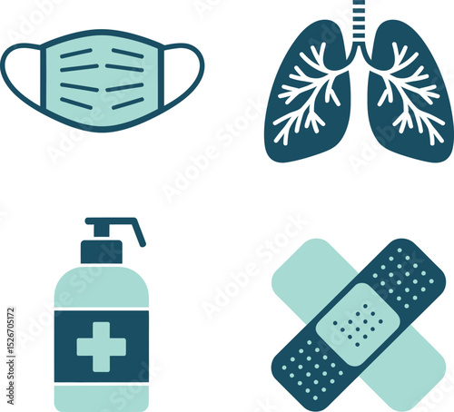 Face mask and hygiene icons. Health mask, lung safety, sanitizer bottle, and patch protection for flu care  