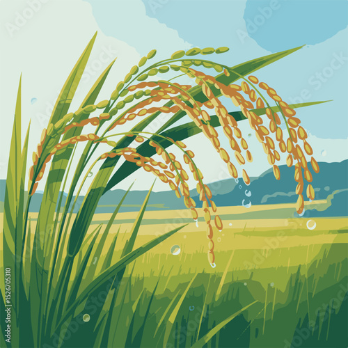 Illustrated depiction of rice paddy field with mature grains ready for harvest season illustration.