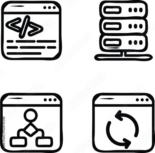 Set Of Web Development and Web Services Doodle Icons and Illustration Pack