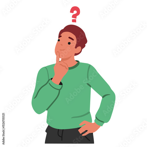 Interested emotional young man cartoon character searching answer on question isolated portrait