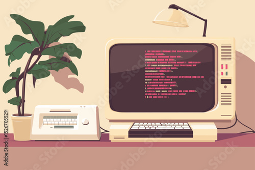 Vintage computer setup with coding screen