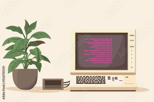 Vintage computer setup with coding screen
