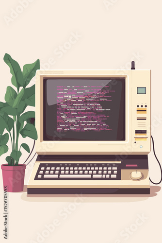 Vintage computer setup with coding screen