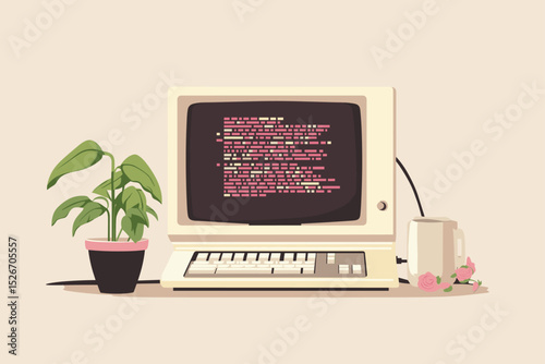Vintage computer setup with coding screen