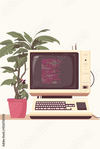 Vintage computer setup with coding screen