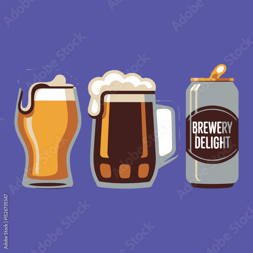 Illustration of beer glasses and beer can depicting brewery delight on a purple background