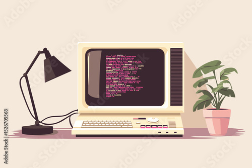 Vintage computer setup with coding screen