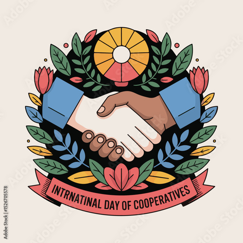International day of cooperatives illustration depicting unity and agreement with floral wreath