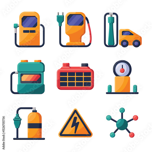 vector icons to vehicle fueling and charging a gasoline pump, an electric vehicle plug hydrogen mole