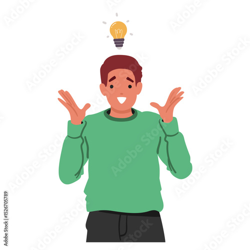 Emotional delighted young guy cartoon character with light bulb finding solution and great idea